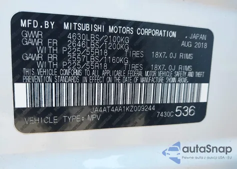 2019 Mitsubishi Eclipse Cross Le z USA, uszkodzony, nr VIN JA4AT4AA1KZ009244